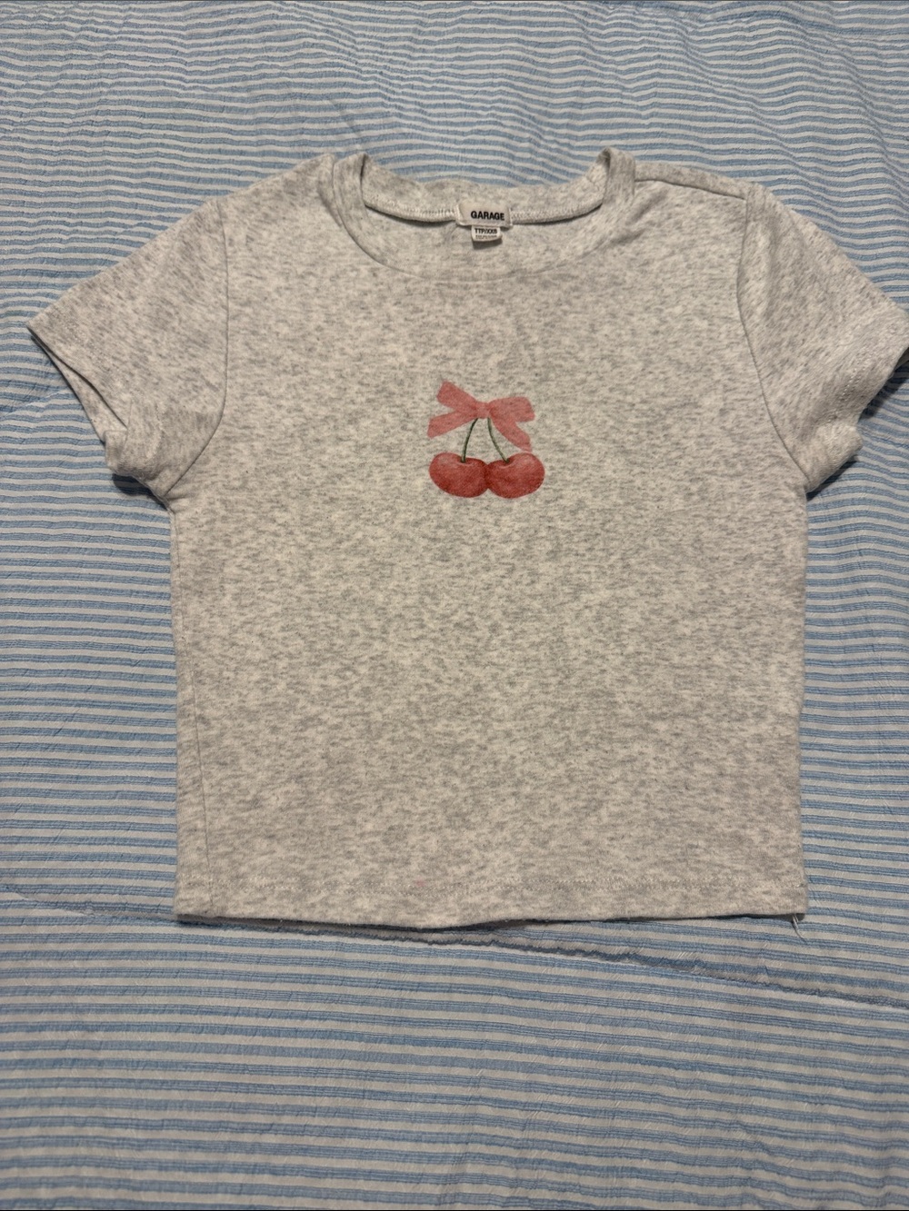 Garage Heather Gray Tee with Cherry and Pink Bow logo
